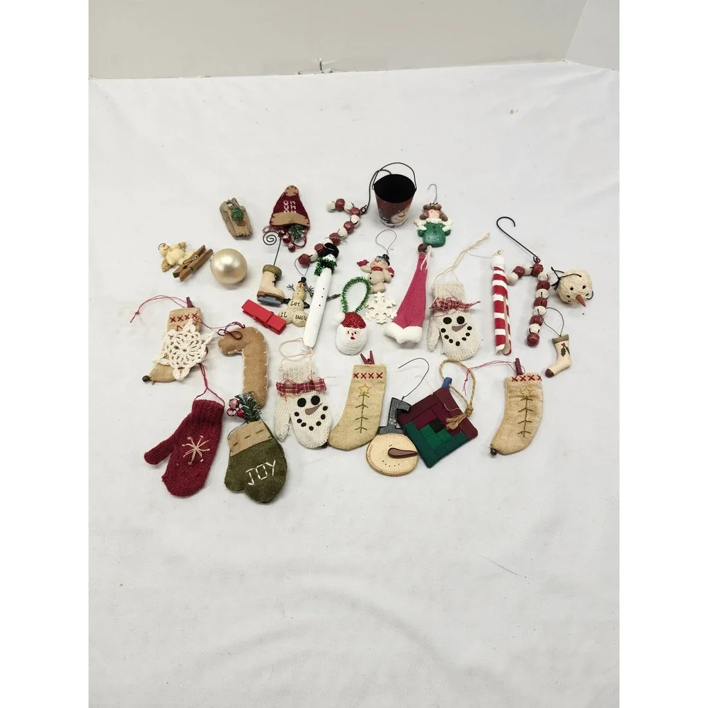 Vintage Christmas Ornament Lot Rustic Primitive Snowman Santa Mitten Burlap 25pc